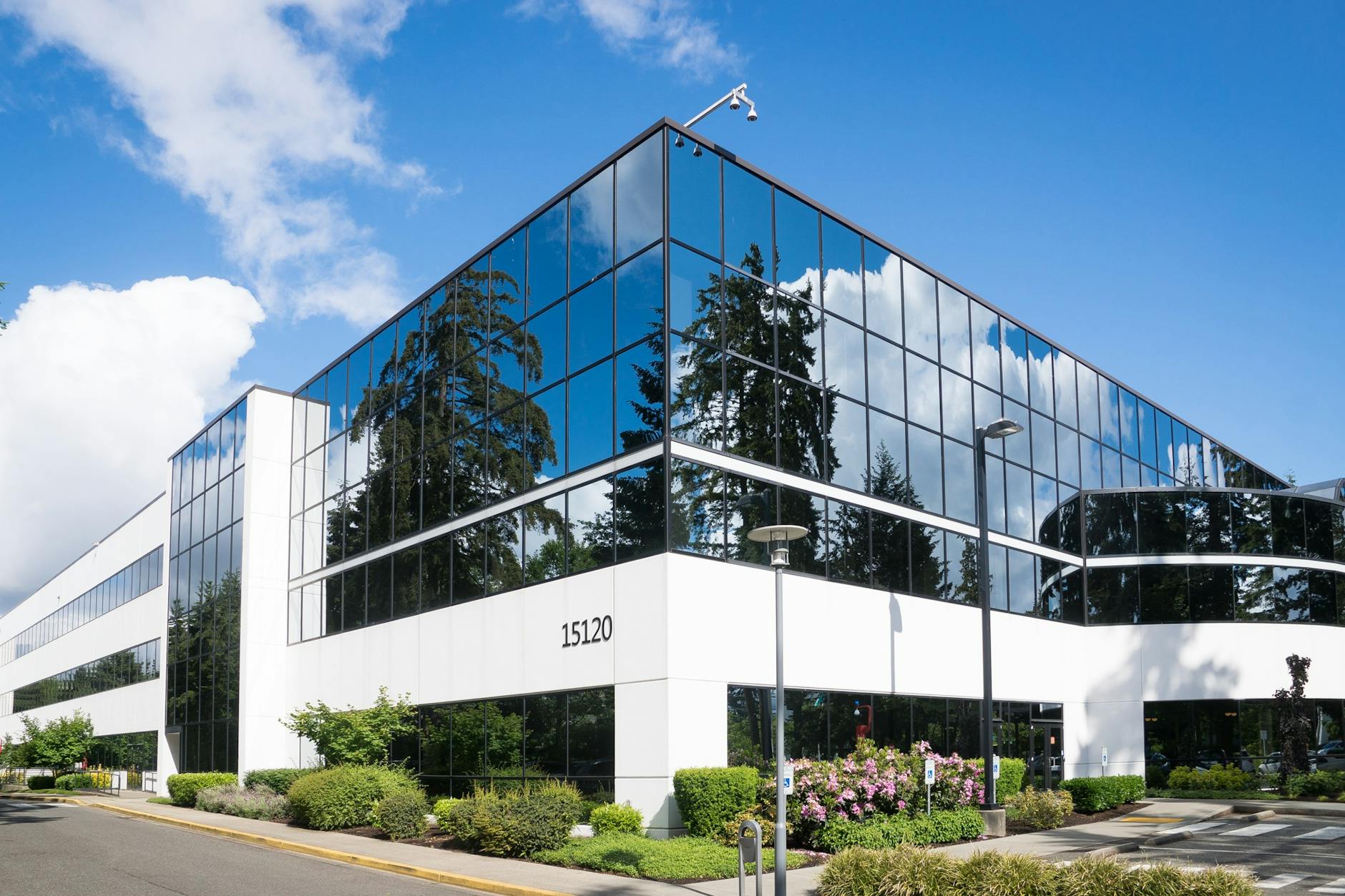 Modern office building exterior with glass facade
